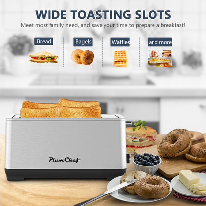 4-Slice Toaster Stainless Steel with wide slots for bread, bagels, waffles, and more, perfect for family breakfast needs.