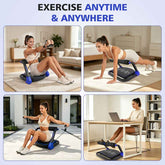 Woman using a home exercise device in various settings with text &