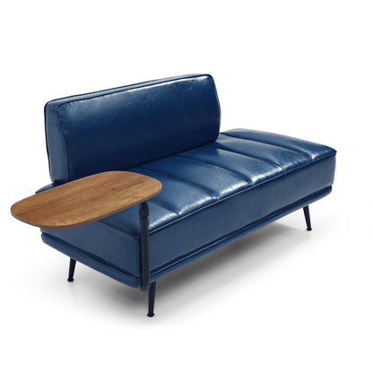 55"Inch Width Modern End of Bed Bench,Blue Faux Leather Upholstered With side table, 360-degree Swivel tray couch,Entryway Ottoman MLNshops]