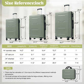 Size reference chart for suitcases with dimensions and weight listed.