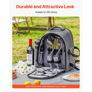 Grey picnic backpack with cooler, outdoor dining gear, insulated compartments, durable Oxford fabric