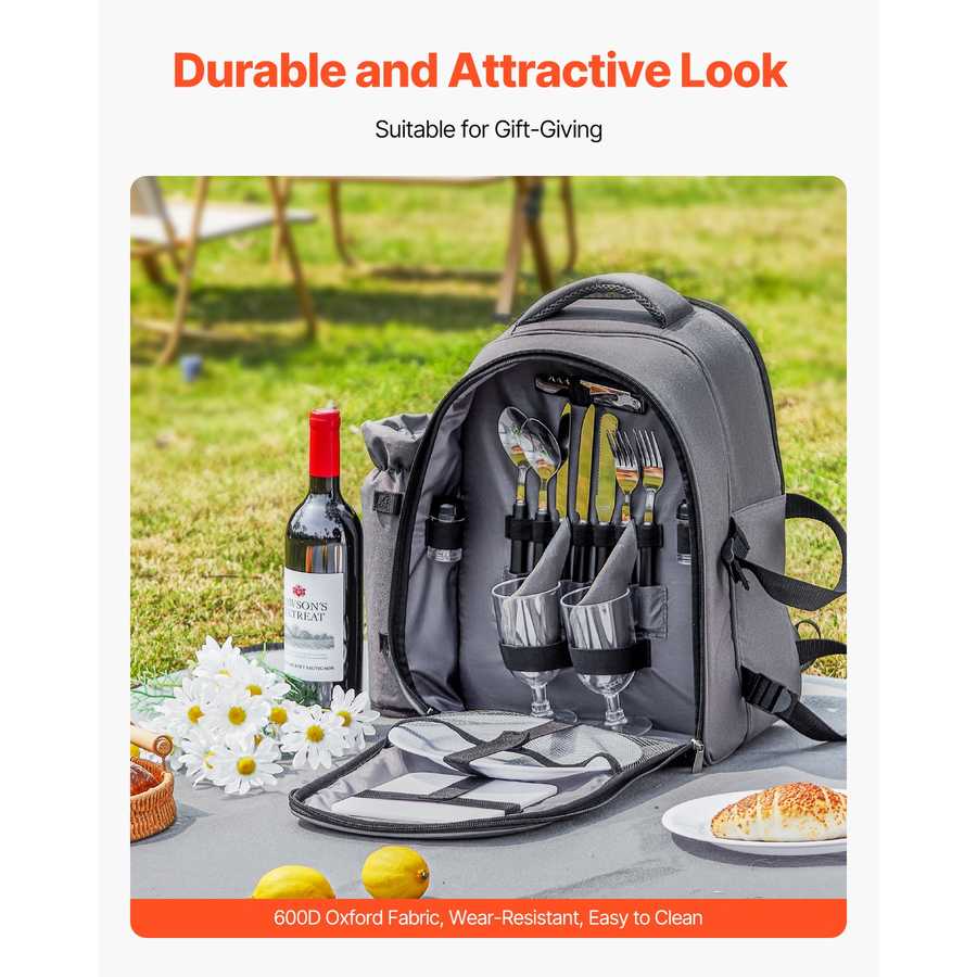Grey picnic backpack with cooler, outdoor dining gear, insulated compartments, durable Oxford fabric