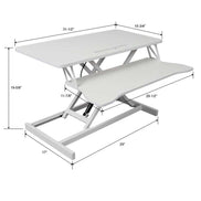 Dimension diagram of adjustable standing laptop desk with keyboard tray. Provides measurements for workspace planning and ergonomic setup.