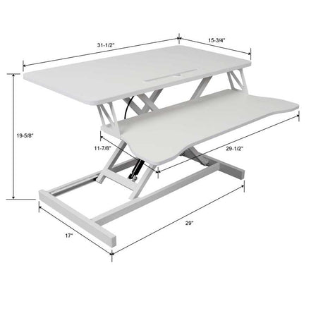 Dimension diagram of adjustable standing laptop desk with keyboard tray. Provides measurements for workspace planning and ergonomic setup.