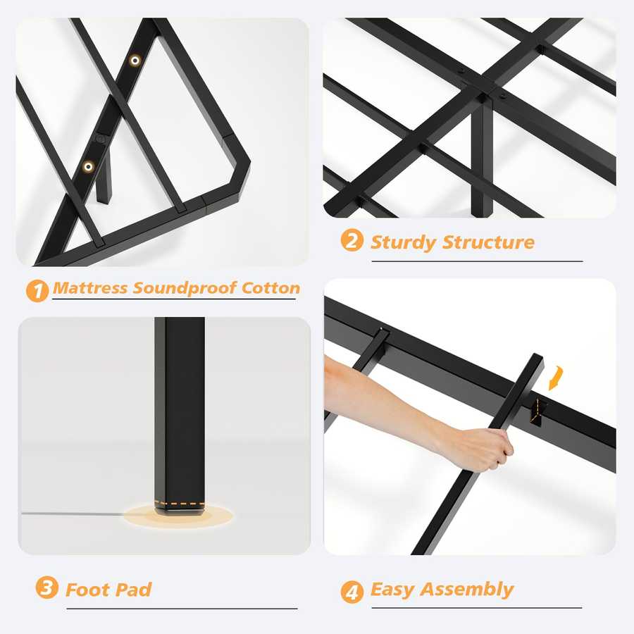Assembly features of king floating bed frame with LED lights, including soundproof cotton, sturdy structure, and easy setup.
