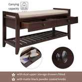 Wooden bench with dual storage drawers and cushioned seat on a white background