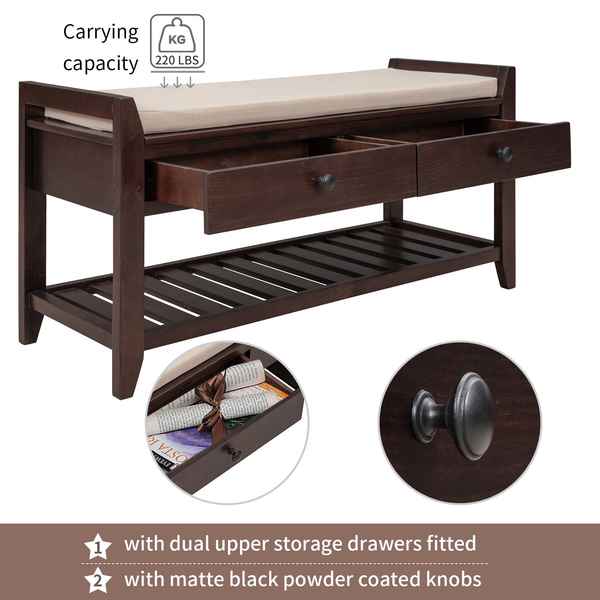 Wooden bench with dual storage drawers and cushioned seat on a white background