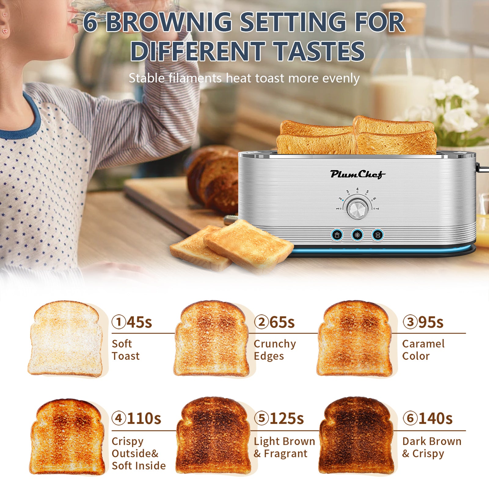 4-Slice Stainless Steel Toaster with 6 browning settings from soft to dark toast, offering personalized toasting for every taste.
