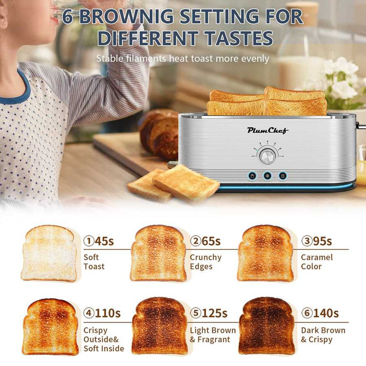 4-Slice Stainless Steel Toaster with 6 browning settings from soft to dark toast, offering personalized toasting for every taste.