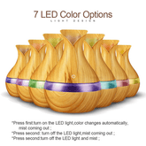 A set of LED diffusers with a light wood grain finish, arranged in a row on a white background with text explaining &