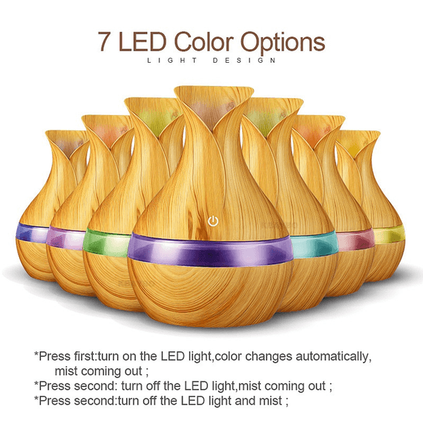 A set of LED diffusers with a light wood grain finish, arranged in a row on a white background with text explaining &
