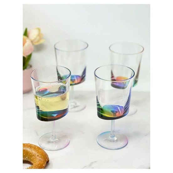 Durable LeadingWare plastic wine glasses filled with white wine, featuring colorful base, ideal for picnics and parties.