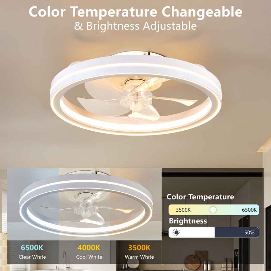 Ceiling fan with light fixture in a room, showing color temperature and brightness controls.