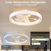 Ceiling fan with light fixture in a room, showing color temperature and brightness controls.