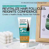 Talkstory Professional Hair Care Minoxidil 5% Scalp Massage Cream tube centered on a light blue background with promotional text, decorative bath-like props, and a framed print.