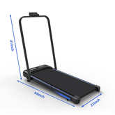 Close-up of foldable treadmill with dimensions marked: 44 inches long, 22 inches wide, 41 inches high