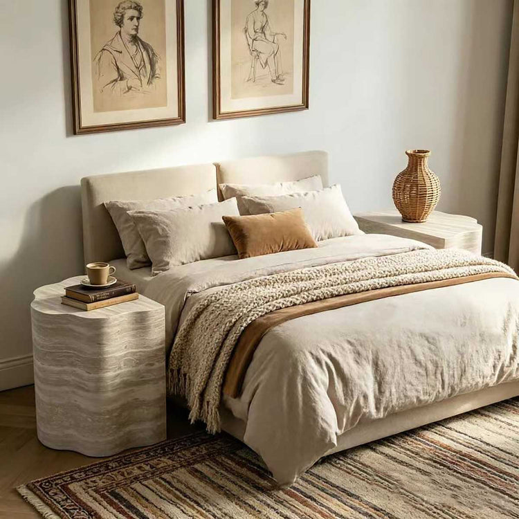 Living room with beige sofa, framed artwork, and a textured side table with a vase, books, and a cozy blanket