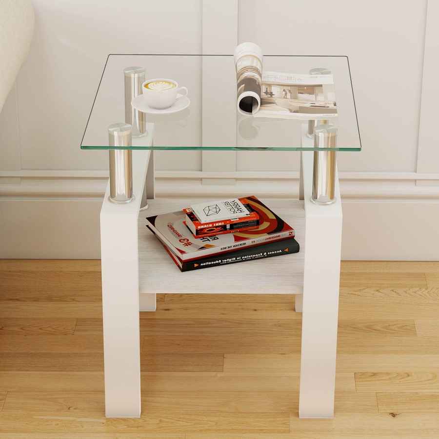 MLNshops white glass end table with shelf - Tempered