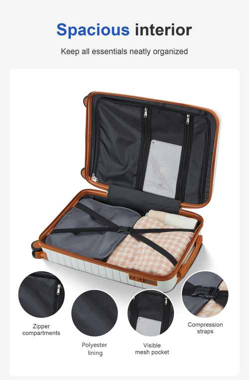 Open suitcase with spacious interior, multiple zipper compartments, polyester lining, and visible mesh pocket for organization