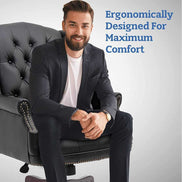 Man sitting on a black leather armchair with text about ergonomic design.