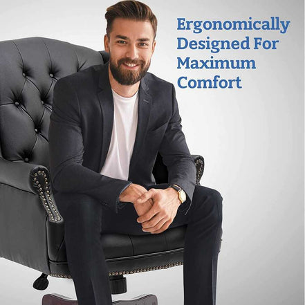 Man sitting on a black leather armchair with text about ergonomic design.