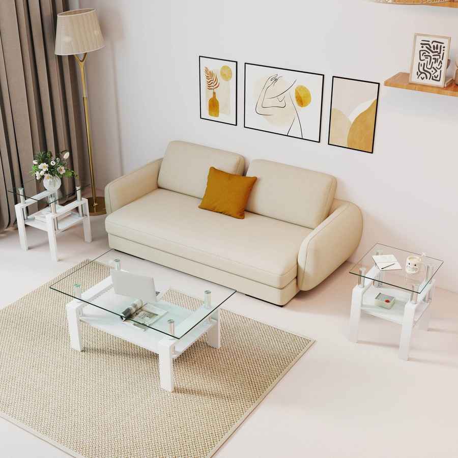 MLNshops white glass end table with shelf - Tempered