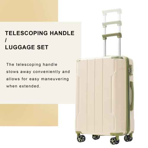 A cream-colored hard-shell telescoping luggage set with olive green accents, featuring a four-wheel spinner and an extended telescoping handle, shown next to descriptive text on a beige and white background.