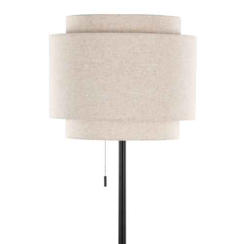 A modern floor lamp with a three-tiered drum shade in a textured beige linen fabric, mounted on a slim black metal pole with a pull chain switch.