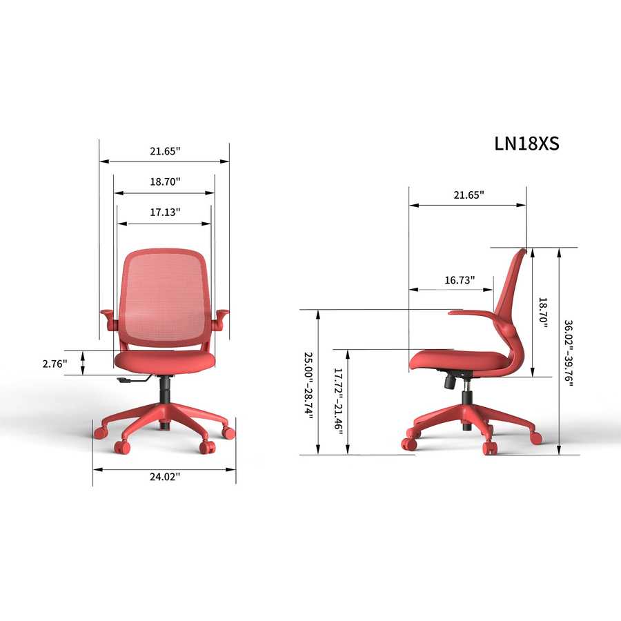 Red office chair with dimensions labeled on a white background