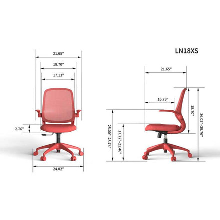 Red office chair with dimensions labeled on a white background