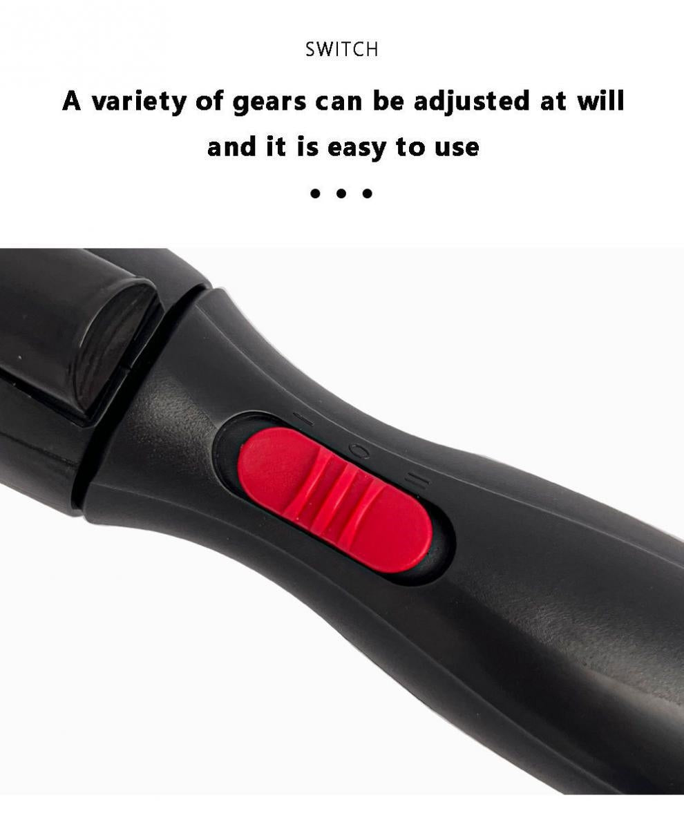 Close-up of a black rotary tool handle with a red switch, above text reading &