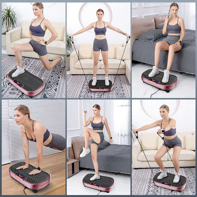 Woman using a vibration plate and resistance band in various poses around a living room.