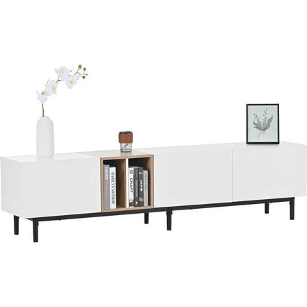 Modern white and oak TV cabinet with open center shelves, styled with decor items, ideal for contemporary entertainment spaces.