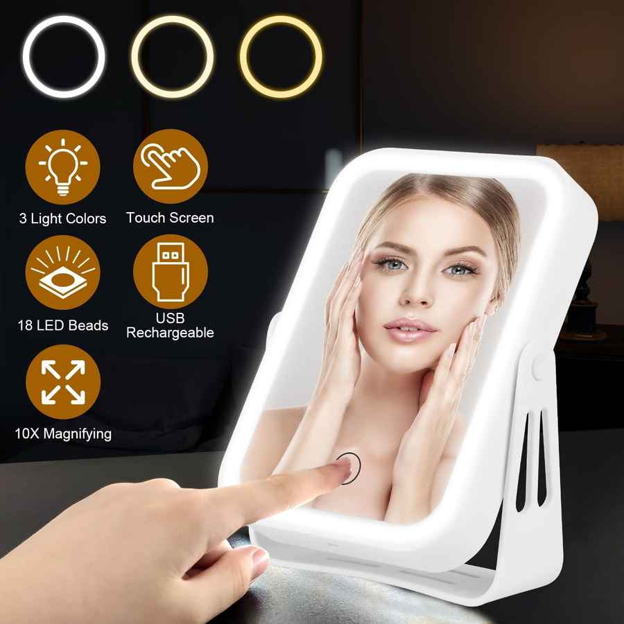 Lighted mirror with touch screen control, USB rechargeable feature, and 10x magnifying power.