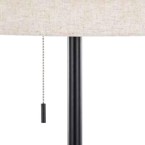 Close-up of a table lamp with a textured beige fabric shade, a black metal pole, and a black pull chain with a black toggle switch against a white background.