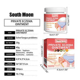 South Moon Private Eczema Ointment product listing graphic showing the white jar, retail box, and printed package design on a white background, with text listing dimensions, net/gross weight, package size, carton measurements, packing quantity, and product weight.