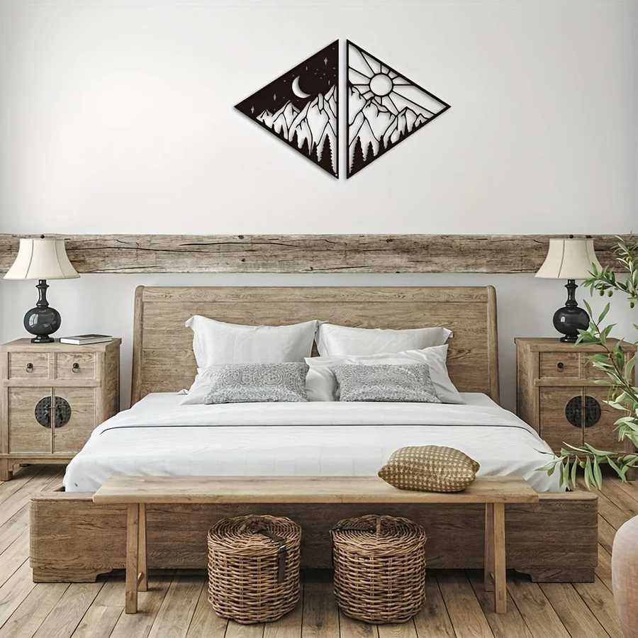 Metal celestial wall art with mountain, moon, and sun design for modern home decor