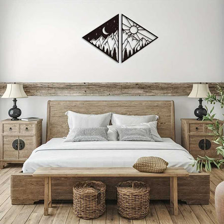 Metal celestial wall art with mountain, moon, and sun design for modern home decor