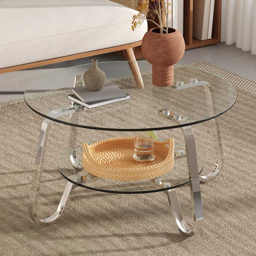 Vintage Metal Frame Coffee Table - Glass Top | 31.5 Inches shown in a modern living room with decorative items on top and lower shelf.