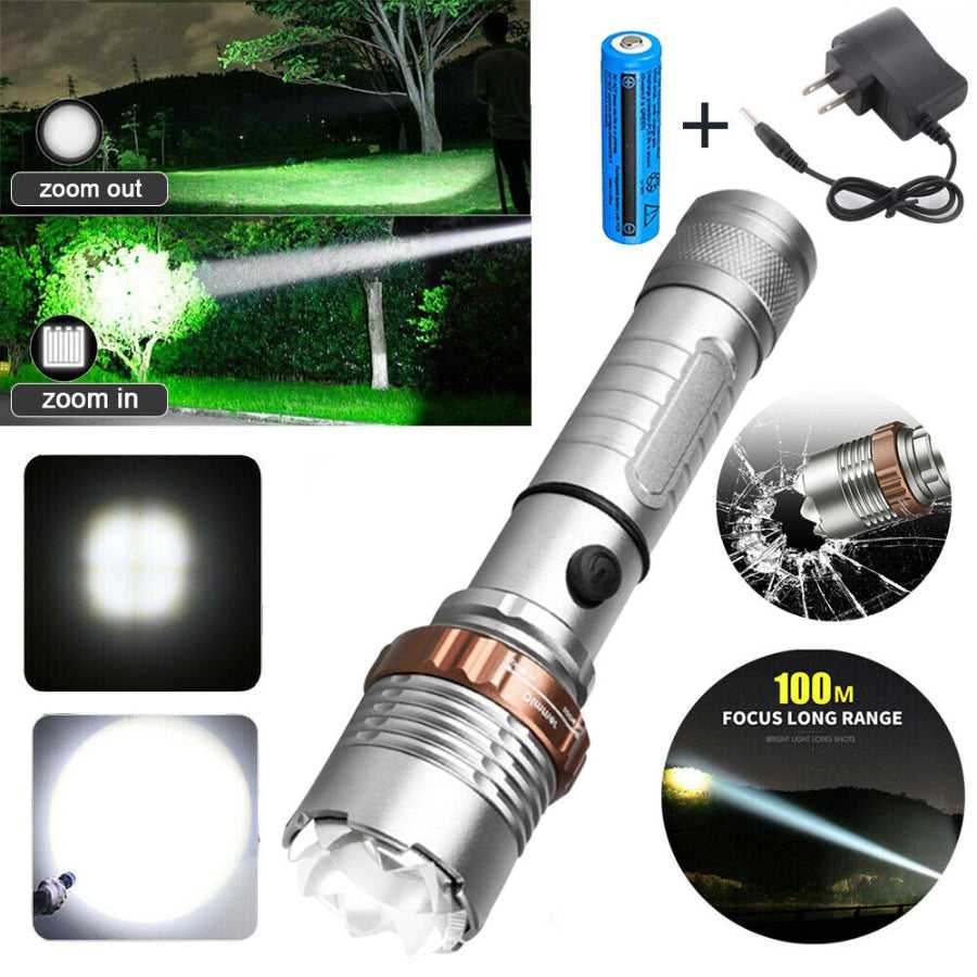Rechargeable LED flashlight with 100m long-range beam, zoom function, and included battery and charger. Ideal for outdoor adventures.