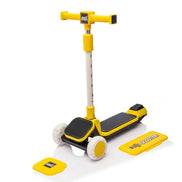 Yellow kids' scooter with buildable blocks and dimensions