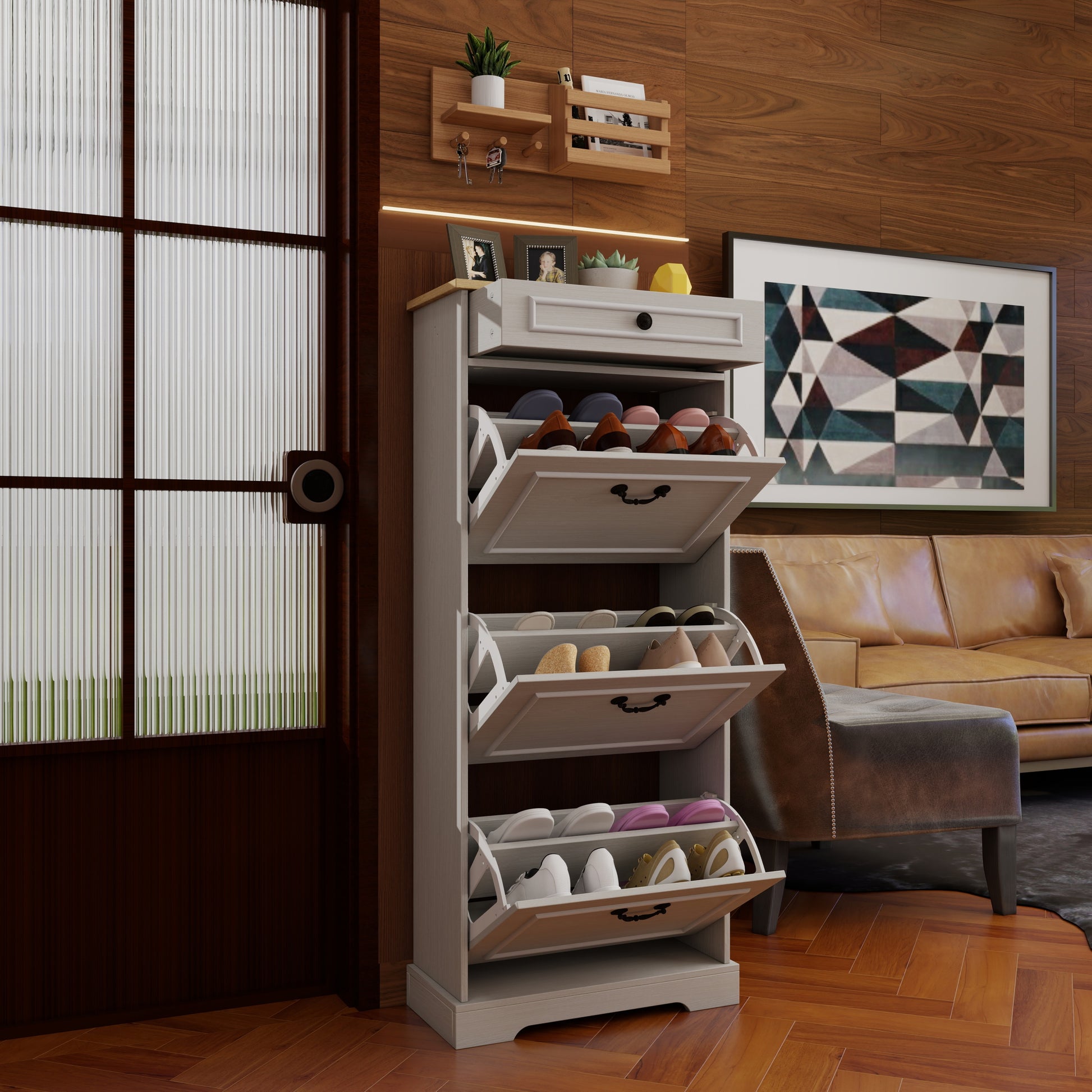 Shoe Storage Cabinet with 1 Drawer, 3 Flip Drawers, Freestanding Shoe Cabinet Organizer with Adjustable Shelf, Shoe Cabinet for Entryway, Foyer, Slim Shoe Cabinet-Antique White