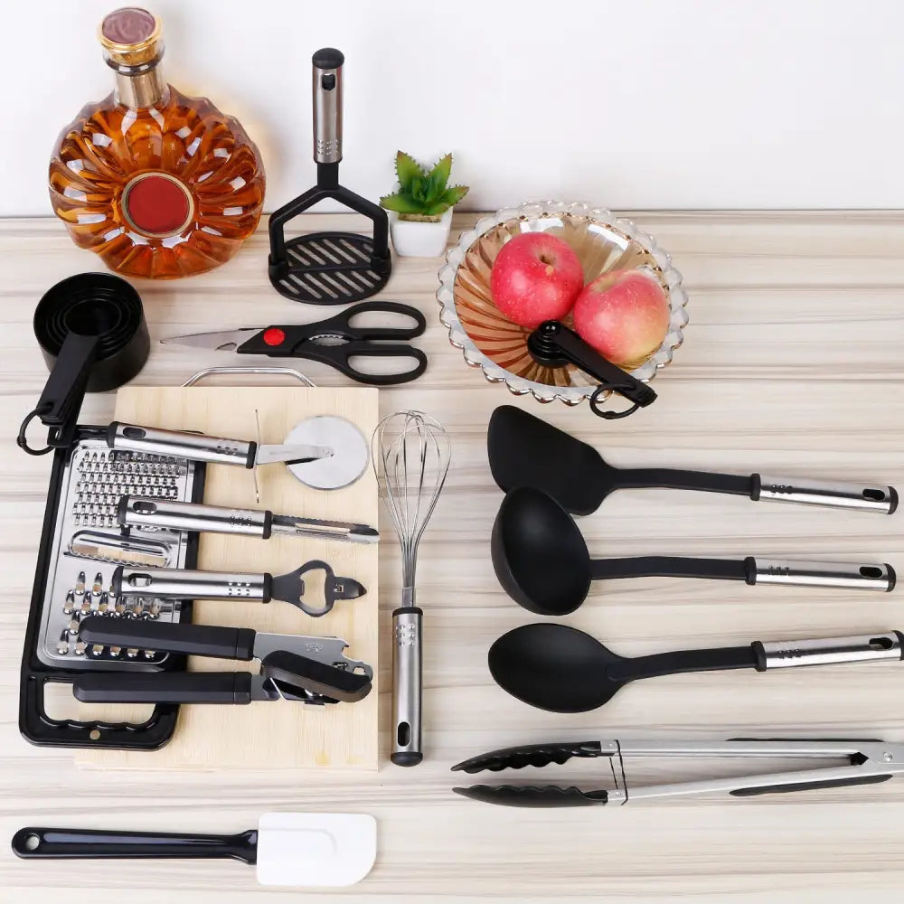 23Pcs Kitchen Utensil Set Stainless Steel Nylon Heat Resistant Cooking Utensil Tool Kit w/ Grater Scraper Tongs Whisk Can Bottle Opener Pizza Cutter Vegetable MLNshops]