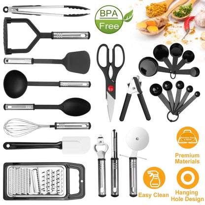 23Pcs Kitchen Utensil Set Stainless Steel Nylon Heat Resistant Cooking Utensil Tool Kit w/ Grater Scraper Tongs Whisk Can Bottle Opener Pizza Cutter Vegetable MLNshops]