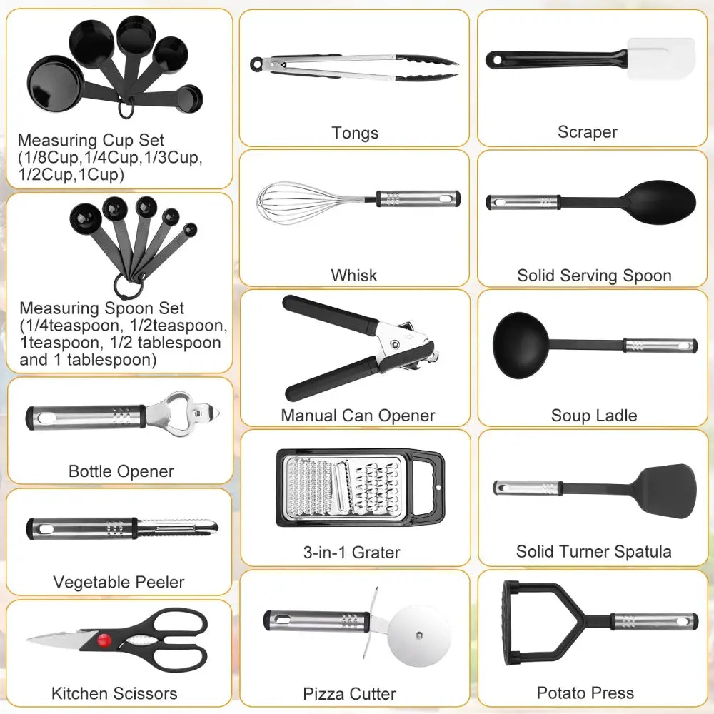 23Pcs Kitchen Utensil Set Stainless Steel Nylon Heat Resistant Cooking Utensil Tool Kit w/ Grater Scraper Tongs Whisk Can Bottle Opener Pizza Cutter Vegetable MLNshops]