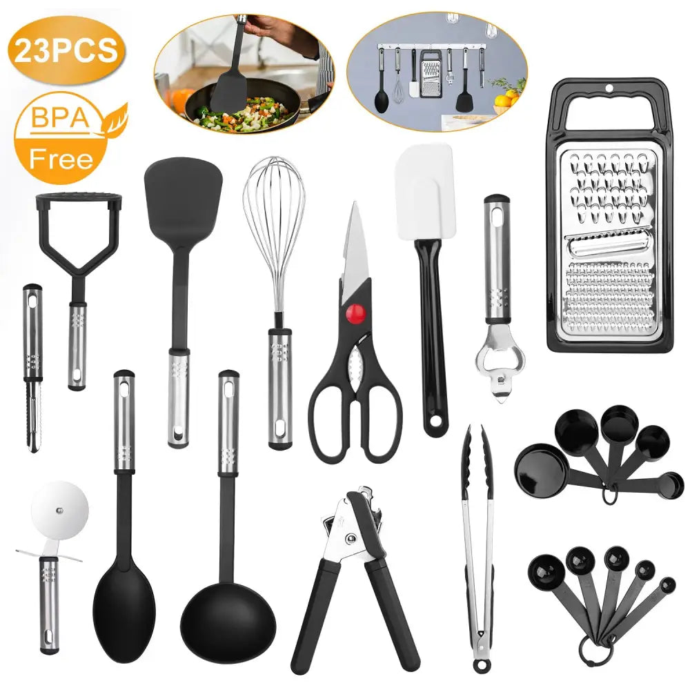 23Pcs Kitchen Utensil Set Stainless Steel Nylon Heat Resistant Cooking Utensil Tool Kit w/ Grater Scraper Tongs Whisk Can Bottle Opener Pizza Cutter Vegetable MLNshops]