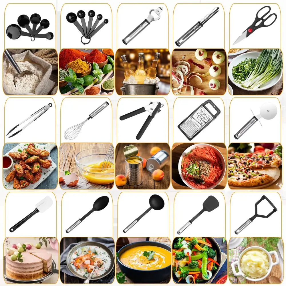 23Pcs Kitchen Utensil Set Stainless Steel Nylon Heat Resistant Cooking Utensil Tool Kit w/ Grater Scraper Tongs Whisk Can Bottle Opener Pizza Cutter Vegetable MLNshops]