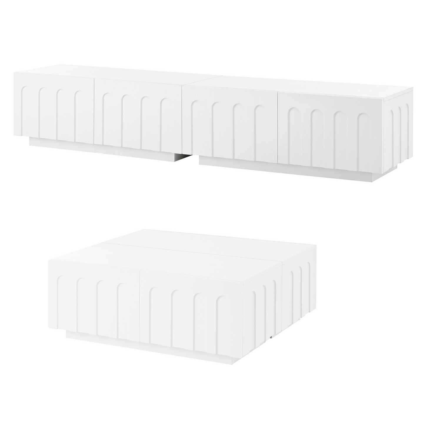 Angled view of Modern TV Stand and Coffee Table Set in white, showing modular pieces with elegant arched drawer fronts.