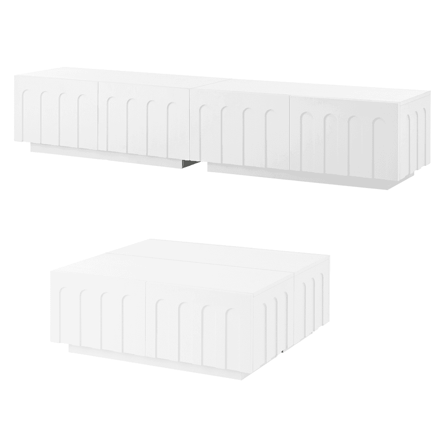 Angled view of Modern TV Stand and Coffee Table Set in white, showing modular pieces with elegant arched drawer fronts.