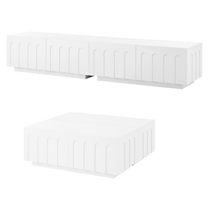 Angled view of Modern TV Stand and Coffee Table Set in white, showing modular pieces with elegant arched drawer fronts.